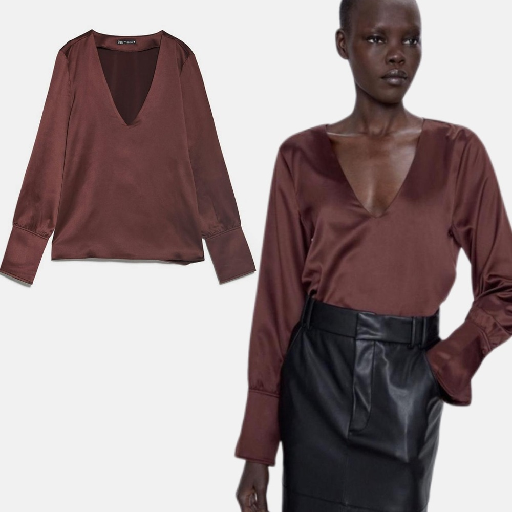 BNWT‼️ Zara Satin Burgundy V-Neck Blouse, Size S